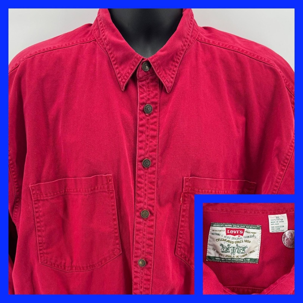 Levi's Button Down Shirt Mens XL Red Vintage 90s Denim Long‎ Sleeve Cotton